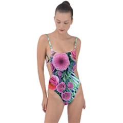 Adorned Watercolor Flowers Tie Strap One Piece Swimsuit by GardenOfOphir