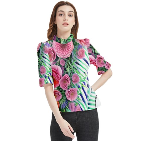 Adorned Watercolor Flowers Frill Neck Blouse by GardenOfOphir