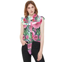 Adorned Watercolor Flowers Frill Detail Shirt by GardenOfOphir