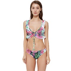 Adorned Watercolor Flowers Low Cut Ruffle Edge Bikini Set