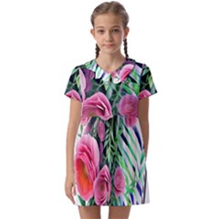 Adorned Watercolor Flowers Kids  Asymmetric Collar Dress by GardenOfOphir