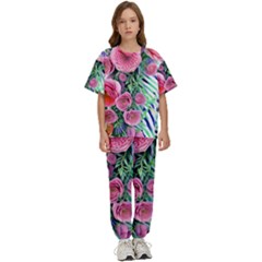 Adorned Watercolor Flowers Kids  Tee And Pants Sports Set