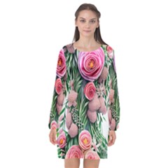 Brilliant Blushing Blossoms Long Sleeve Chiffon Shift Dress  by GardenOfOphir