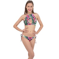 Brilliant Blushing Blossoms Cross Front Halter Bikini Set by GardenOfOphir