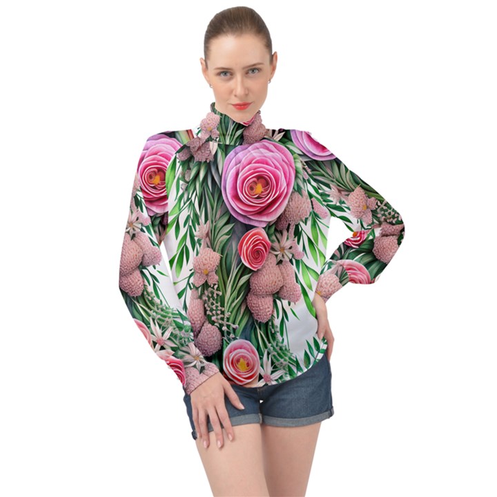 Brilliant Blushing Blossoms High Neck Long Sleeve Chiffon Top