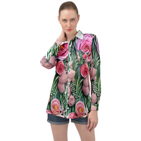 Brilliant Blushing Blossoms Long Sleeve Satin Shirt by GardenOfOphir