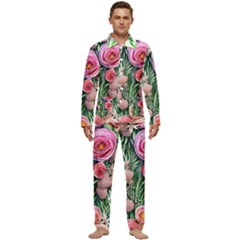 Brilliant Blushing Blossoms Men s Long Sleeve Velvet Pocket Pajamas Set by GardenOfOphir