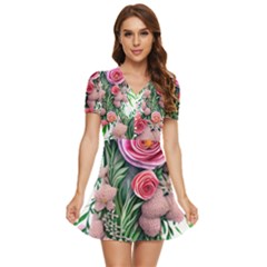 Brilliant Blushing Blossoms V-neck High Waist Chiffon Mini Dress