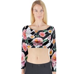 Exotic Watercolor Botanical Flowers Pattern Long Sleeve Crop Top by GardenOfOphir