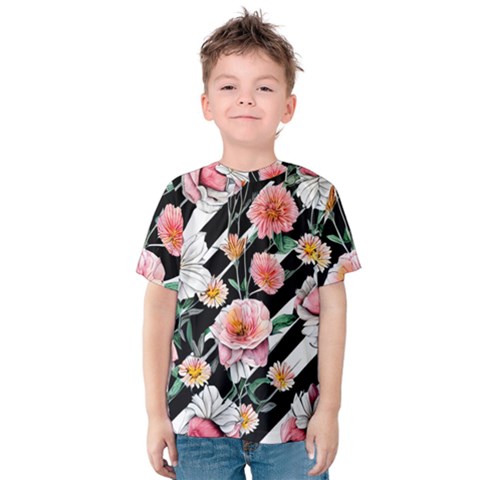 Exotic Watercolor Botanical Flowers Pattern Kids  Cotton Tee by GardenOfOphir