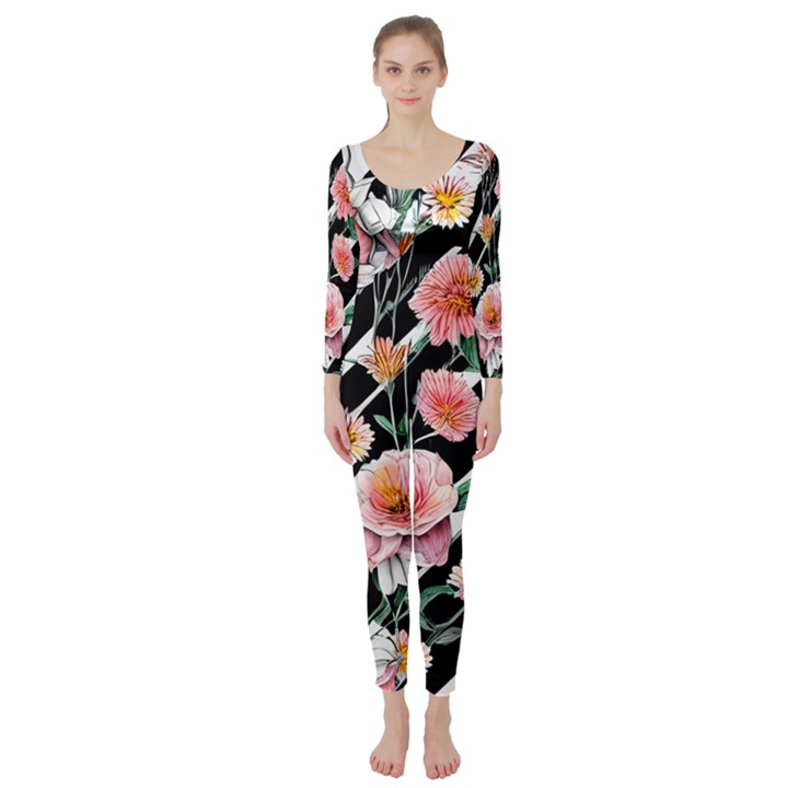 Exotic Watercolor Botanical Flowers Pattern Long Sleeve Catsuit