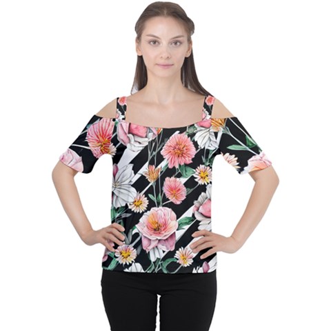 Exotic Watercolor Botanical Flowers Pattern Cutout Shoulder Tee by GardenOfOphir