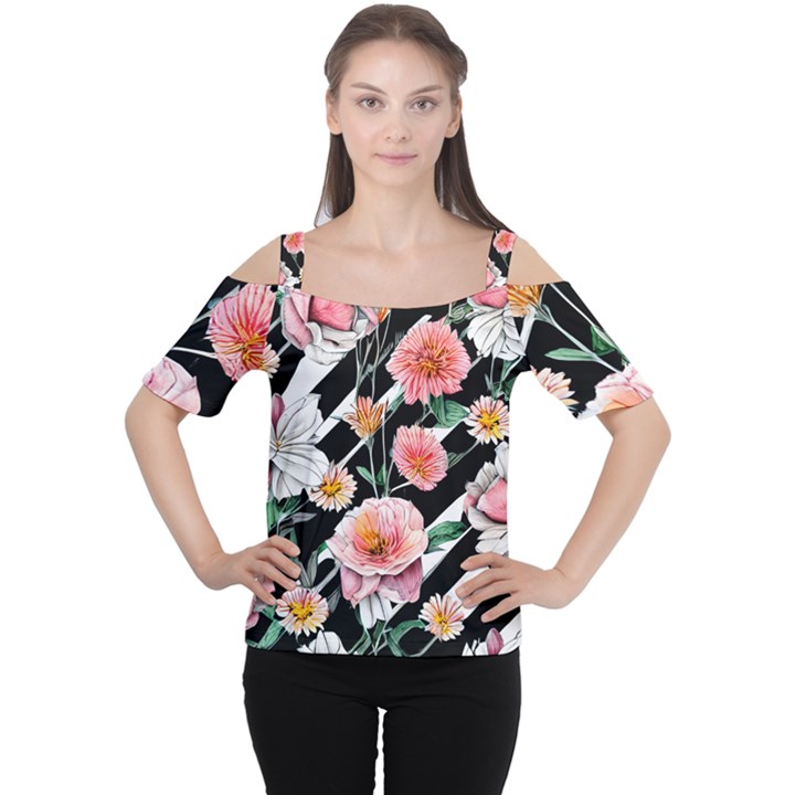 Exotic Watercolor Botanical Flowers Pattern Cutout Shoulder Tee