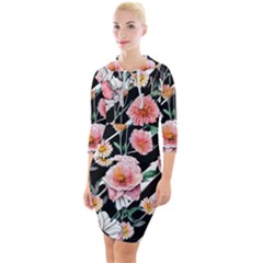 Exotic Watercolor Botanical Flowers Pattern Quarter Sleeve Hood Bodycon Dress by GardenOfOphir