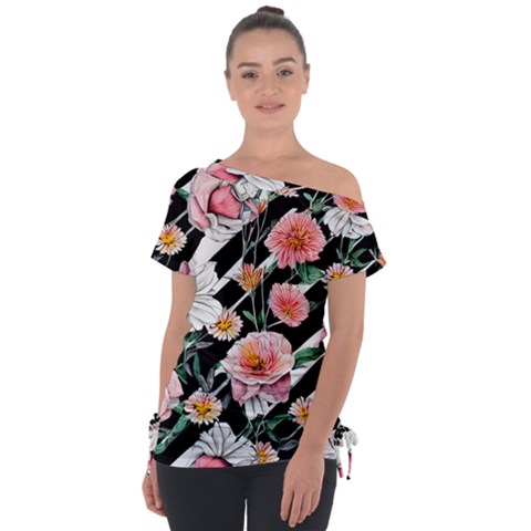 Exotic Watercolor Botanical Flowers Pattern Off Shoulder Tie-up Tee by GardenOfOphir