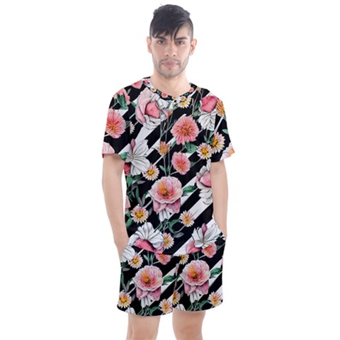 Exotic Watercolor Botanical Flowers Pattern Men s Mesh Tee And Shorts Set by GardenOfOphir