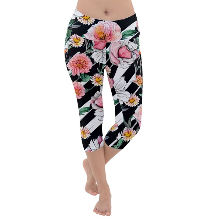 Exotic Watercolor Botanical Flowers Pattern Lightweight Velour Capri Yoga Leggings