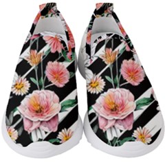 Exotic Watercolor Botanical Flowers Pattern Kids  Slip On Sneakers by GardenOfOphir