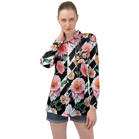 Exotic Watercolor Botanical Flowers Pattern Long Sleeve Satin Shirt by GardenOfOphir