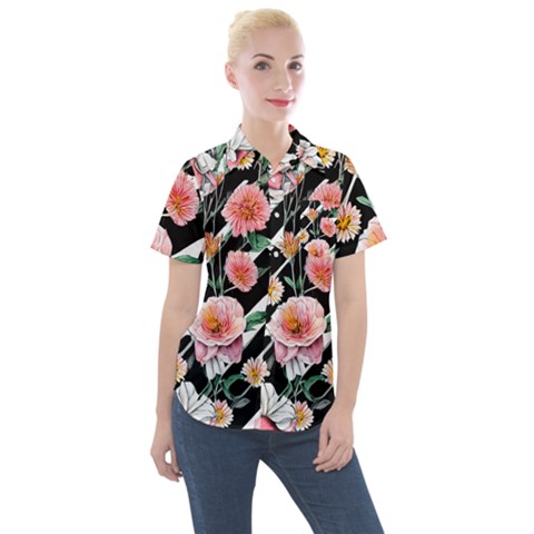 Exotic Watercolor Botanical Flowers Pattern Women s Short Sleeve Pocket Shirt by GardenOfOphir