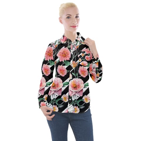 Exotic Watercolor Botanical Flowers Pattern Women s Long Sleeve Pocket Shirt by GardenOfOphir