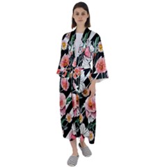 Exotic Watercolor Botanical Flowers Pattern Maxi Satin Kimono by GardenOfOphir