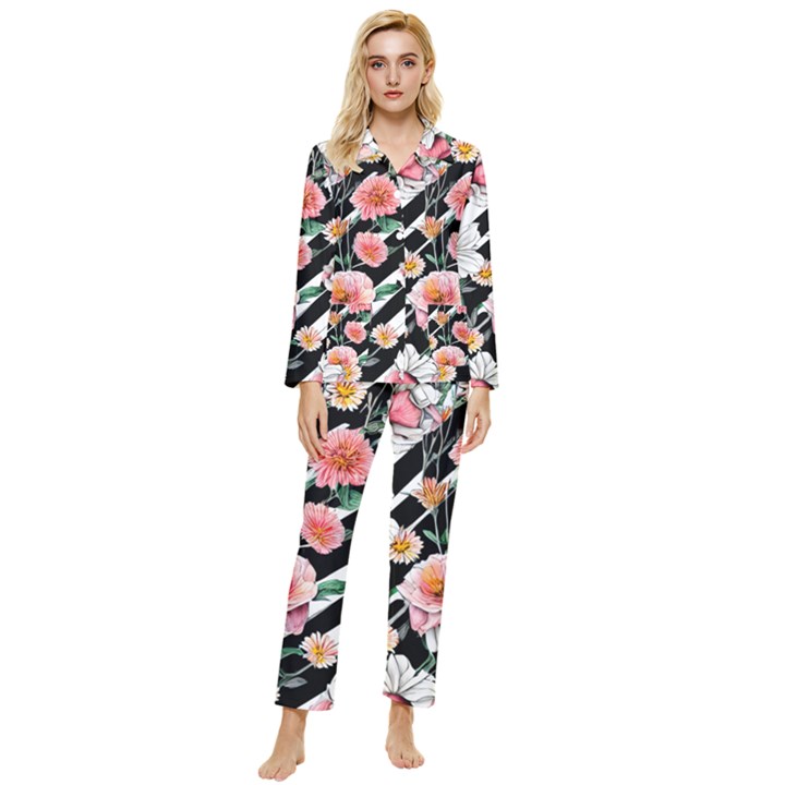 Exotic Watercolor Botanical Flowers Pattern Womens  Long Sleeve Velvet Pocket Pajamas Set