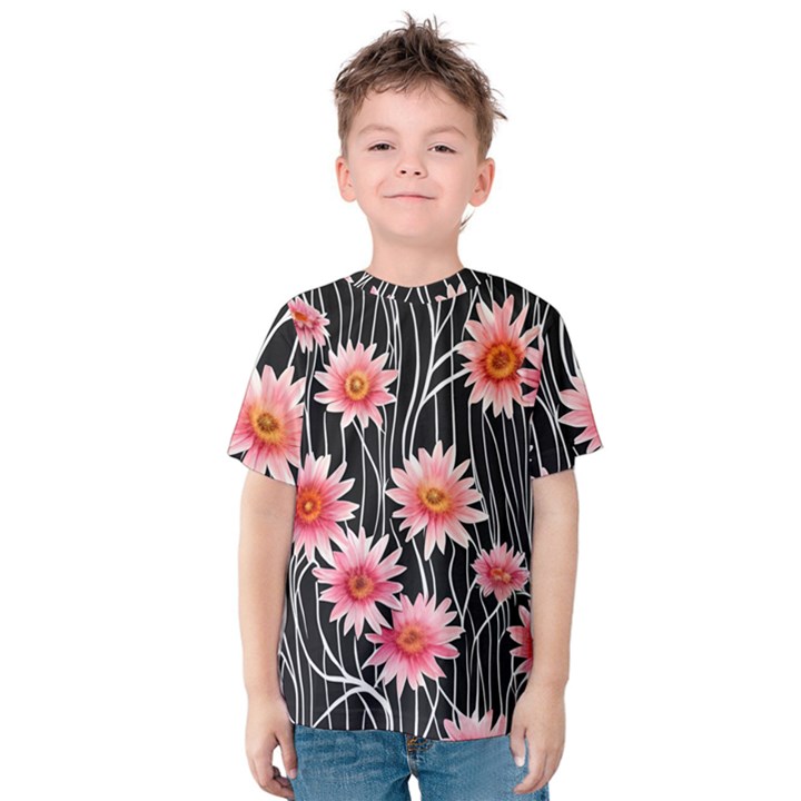 Botanical Black Pink Flowers Pattern Kids  Cotton Tee