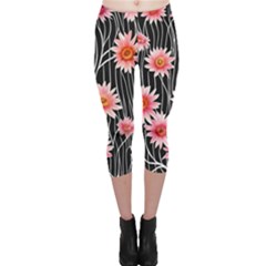 Botanical Black Pink Flowers Pattern Capri Leggings  by GardenOfOphir