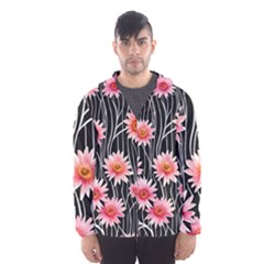 Botanical Black Pink Flowers Pattern Men s Hooded Windbreaker by GardenOfOphir