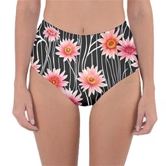 Botanical Black Pink Flowers Pattern Reversible High-waist Bikini Bottoms by GardenOfOphir