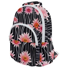 Botanical Black Pink Flowers Pattern Rounded Multi Pocket Backpack by GardenOfOphir