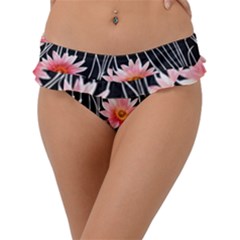 Botanical Black Pink Flowers Pattern Frill Bikini Bottoms by GardenOfOphir