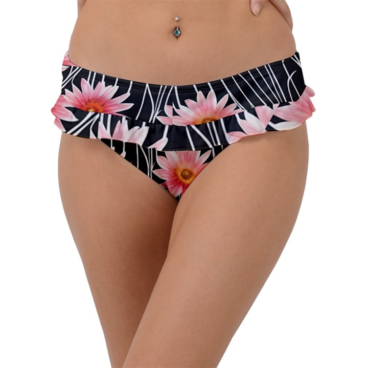 Botanical Black Pink Flowers Pattern Frill Bikini Bottoms