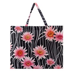 Botanical Black Pink Flowers Pattern Zipper Large Tote Bag by GardenOfOphir