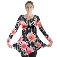 Botanical Black Pink Flowers Pattern Long Sleeve Tunic  by GardenOfOphir