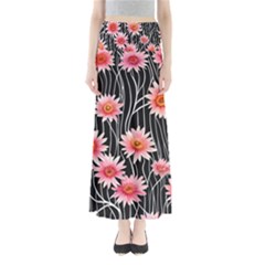 Botanical Black Pink Flowers Pattern Full Length Maxi Skirt by GardenOfOphir