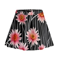 Botanical Black Pink Flowers Pattern Mini Flare Skirt by GardenOfOphir