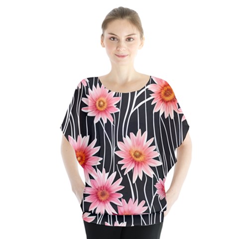 Botanical Black Pink Flowers Pattern Batwing Chiffon Blouse by GardenOfOphir