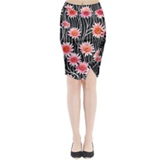 Botanical Black Pink Flowers Pattern Midi Wrap Pencil Skirt by GardenOfOphir