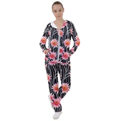 Botanical Black Pink Flowers Pattern Women s Tracksuit by GardenOfOphir