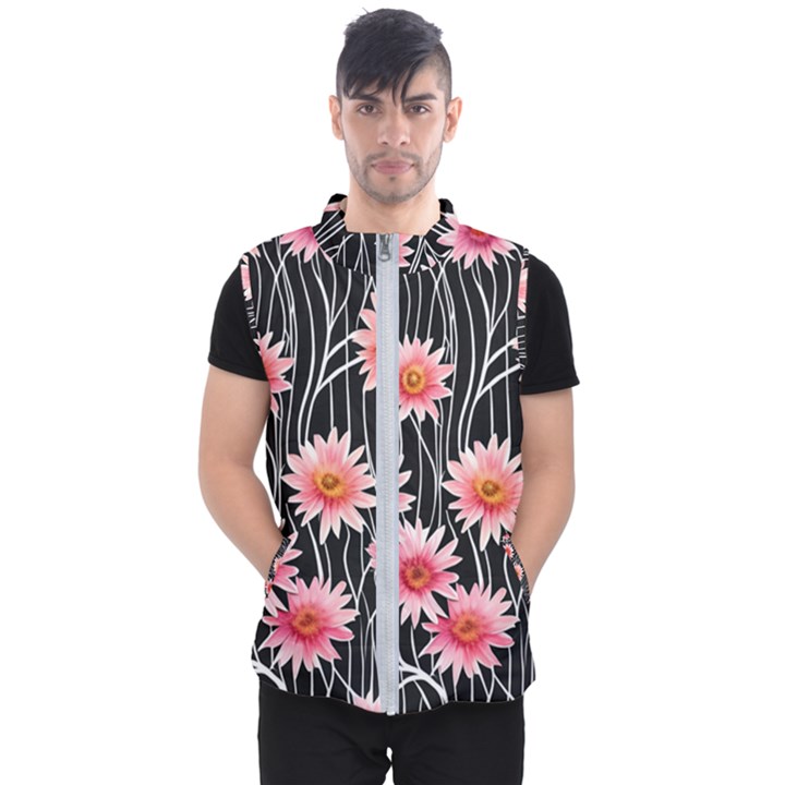 Botanical Black Pink Flowers Pattern Men s Puffer Vest