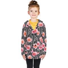 Botanical Black Pink Flowers Pattern Kids  Double Breasted Button Coat by GardenOfOphir