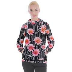 Botanical Black Pink Flowers Pattern Women s Hooded Pullover by GardenOfOphir