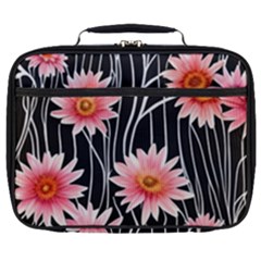 Botanical Black Pink Flowers Pattern Full Print Lunch Bag by GardenOfOphir