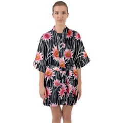 Botanical Black Pink Flowers Pattern Half Sleeve Satin Kimono  by GardenOfOphir