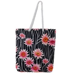 Botanical Black Pink Flowers Pattern Full Print Rope Handle Tote (large) by GardenOfOphir