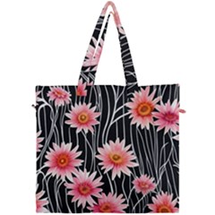 Botanical Black Pink Flowers Pattern Canvas Travel Bag by GardenOfOphir