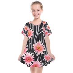 Botanical Black Pink Flowers Pattern Kids  Smock Dress by GardenOfOphir