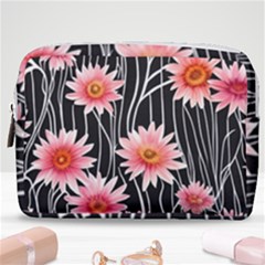 Botanical Black Pink Flowers Pattern Make Up Pouch (medium) by GardenOfOphir